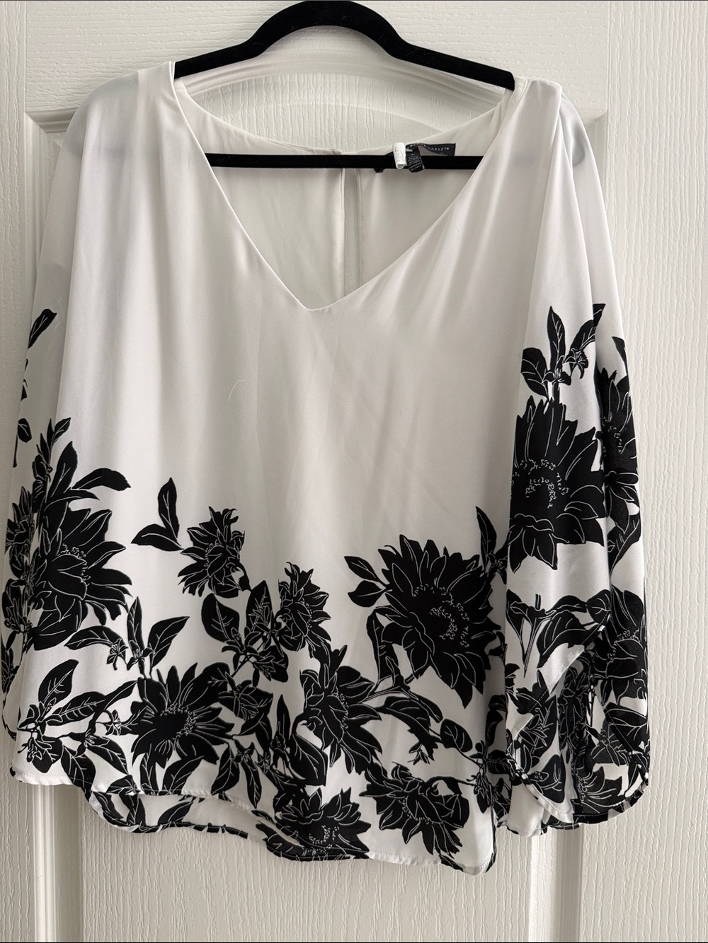White House Black Market White Blouse with Black Floral Border Print
